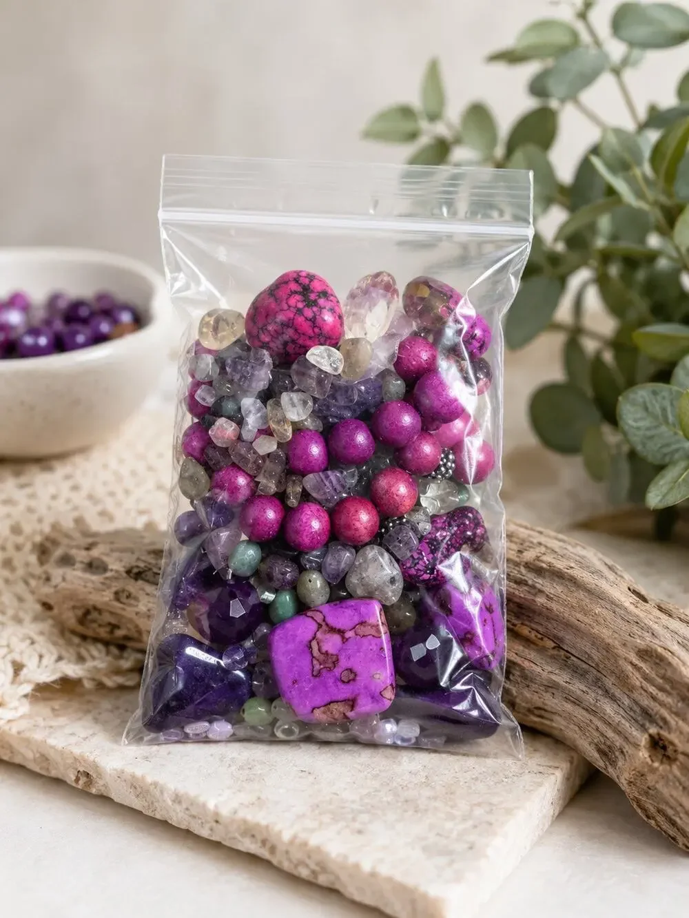 Purple Mixed Bead Lot – Gemstone Chips, Wood, and Acrylic Beads for Jewelry